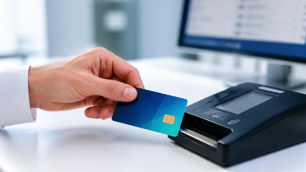 Hand einer Ärztin steckt eine stilisierte blaue Chipkarte in ein Kartenterminal am modernen Praxis-Arbeitsplatz
