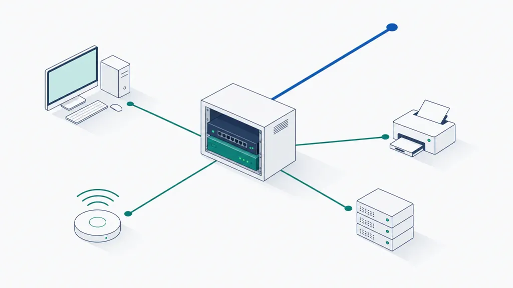 Schematische Darstellung eines Praxisnetzwerks mit Netzwerkschrank, Arbeitsplatz, Drucker, Funknetz und Server
