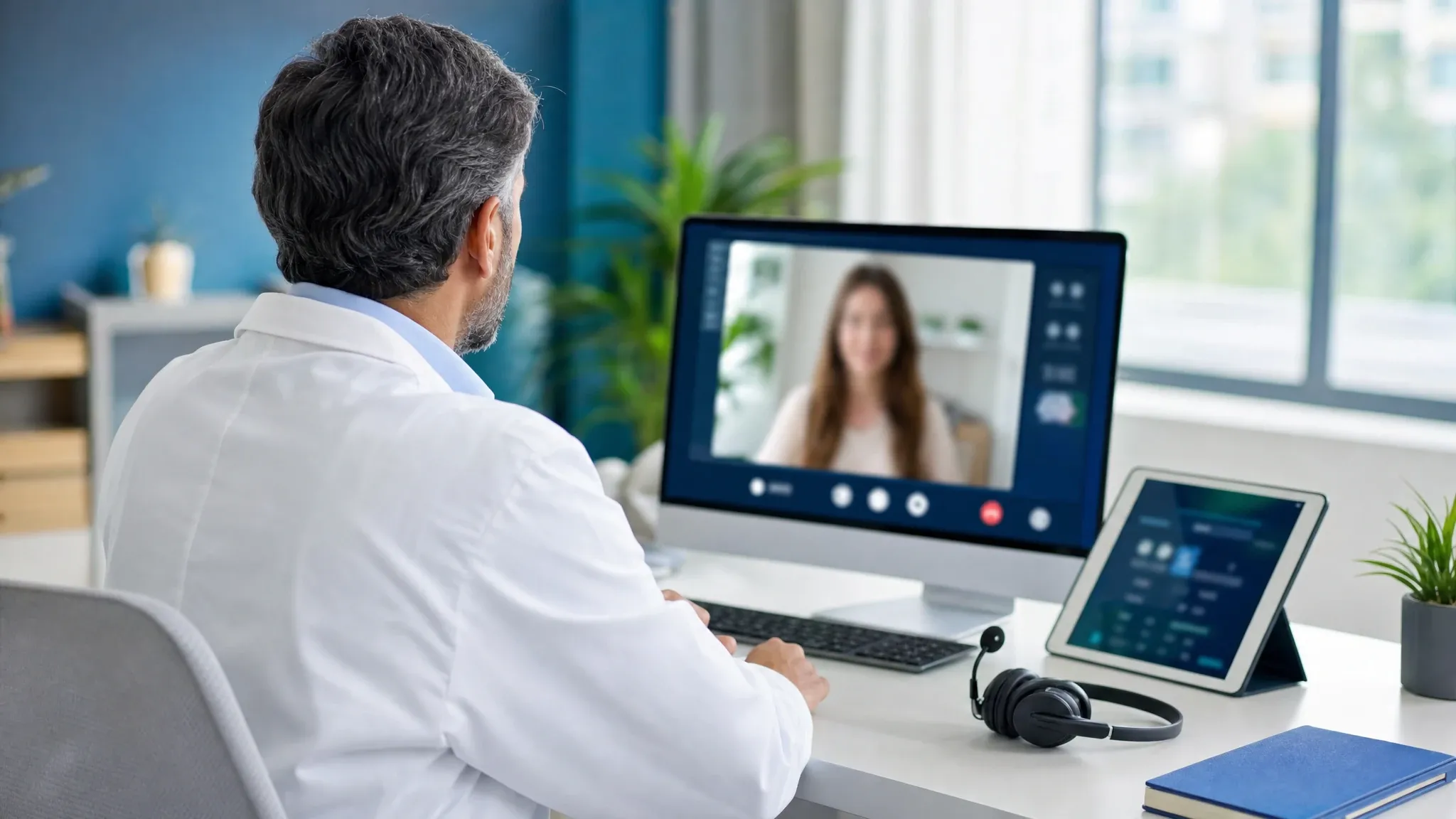 Arzt führt am Monitor eine Videosprechstunde mit einer Patientin, Praxis-Arbeitsplatz, Nahaufnahme