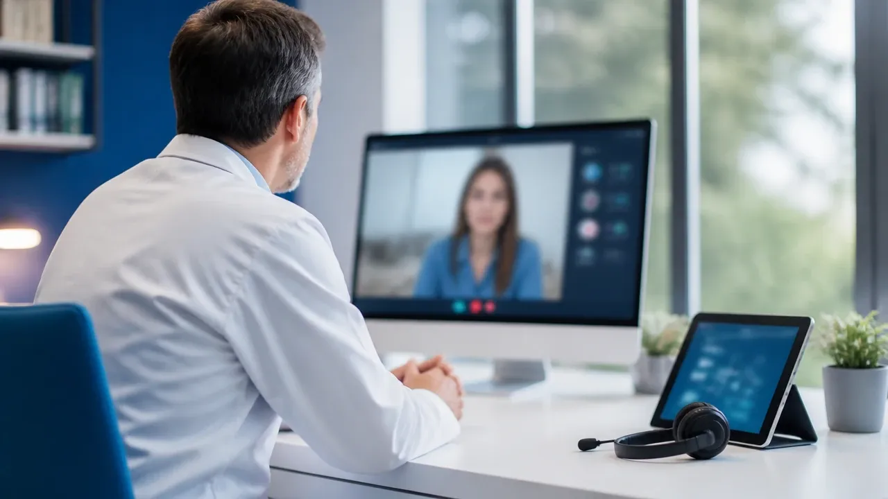Arzt im Videogespräch am modernen Praxis-Arbeitsplatz, zweite Bildvariante