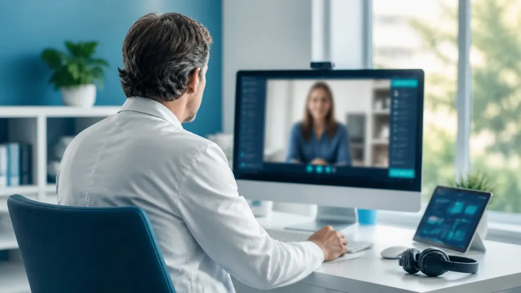 Arzt am modernen Praxis-Arbeitsplatz führt eine Videosprechstunde, auf dem Monitor die angedeutete Videoansicht einer Patientin