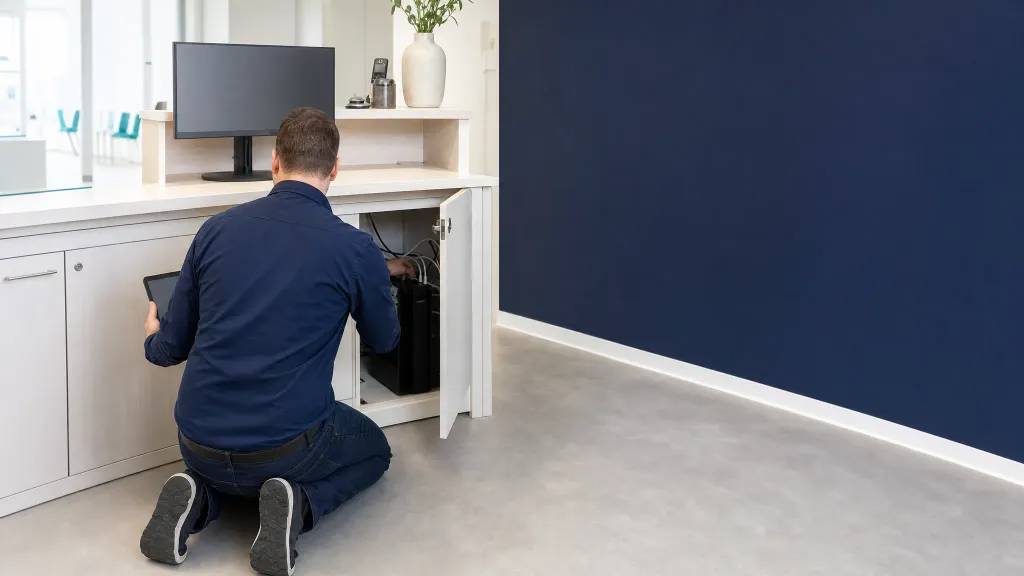 IT-Techniker prüft die Verkabelung eines Praxisrechners unter dem Schreibtisch