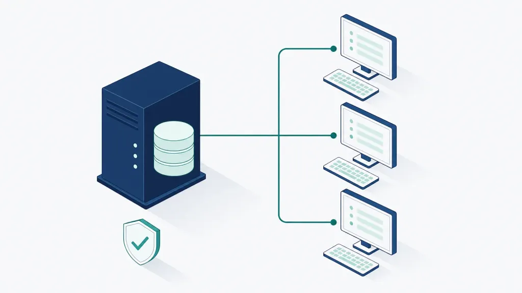 Schematische Darstellung eines Praxisverwaltungssystems mit Datenbankserver und drei Arbeitsplätzen