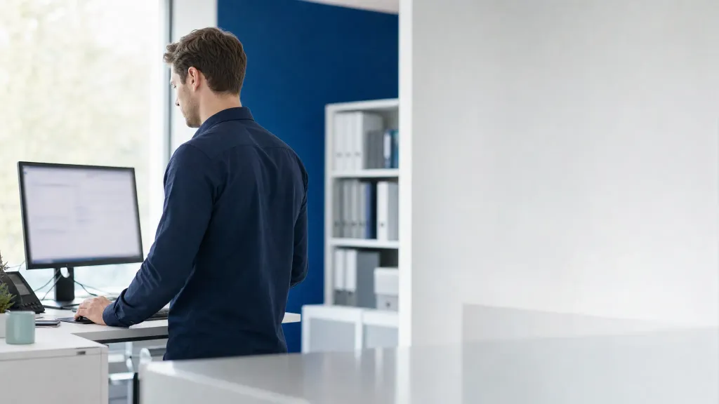 IT-Techniker arbeitet an einem Praxis-Arbeitsplatz im hellen Backoffice einer Arztpraxis