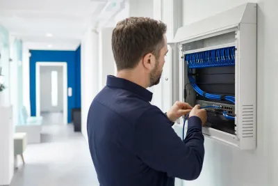 IT-Techniker prüft ein Patchkabel im offenen Netzwerkschrank einer Arztpraxis