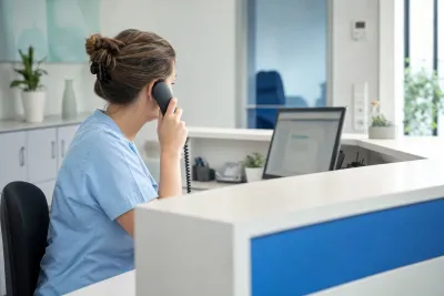 Medizinische Fachangestellte am Empfangstresen telefoniert und schaut dabei auf den Praxisrechner