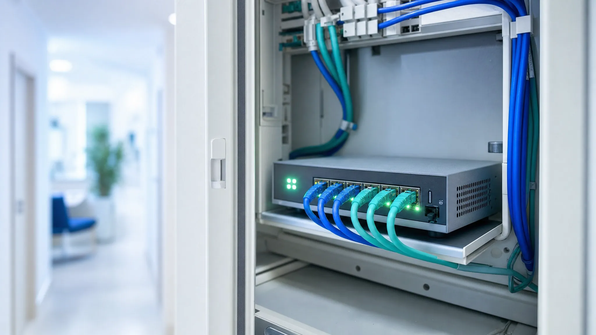 TI-Konnektor mit Status-LEDs und Patchkabeln in einem Netzwerkschrank, Nahaufnahme