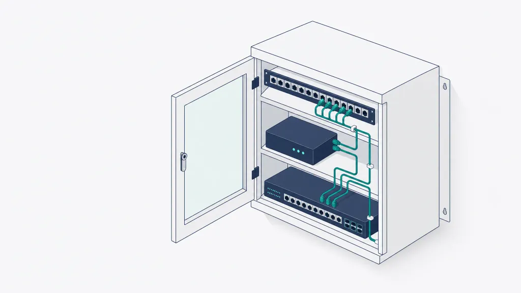 Isometrische Illustration eines geöffneten Wand-Netzwerkschranks mit Patchleiste, TI-Konnektor und Switch, verbunden durch sauber geführte türkisfarbene Kabel
