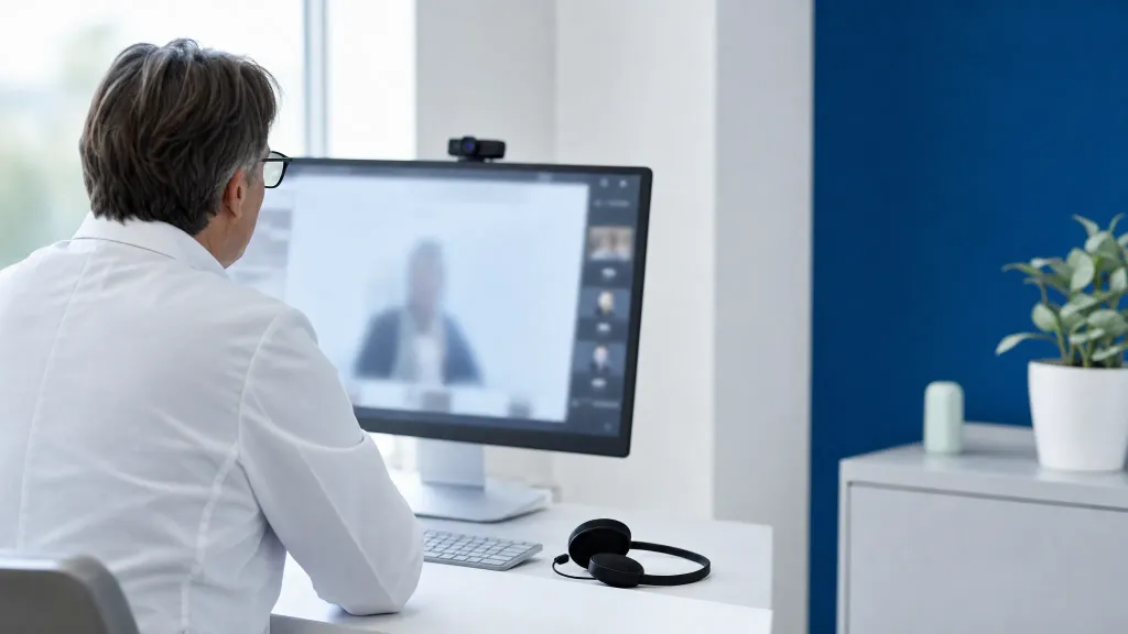 Arzt im weißen Kittel führt am Praxis-Arbeitsplatz eine Videosprechstunde, auf dem Monitor eine unscharf angedeutete Videoansicht